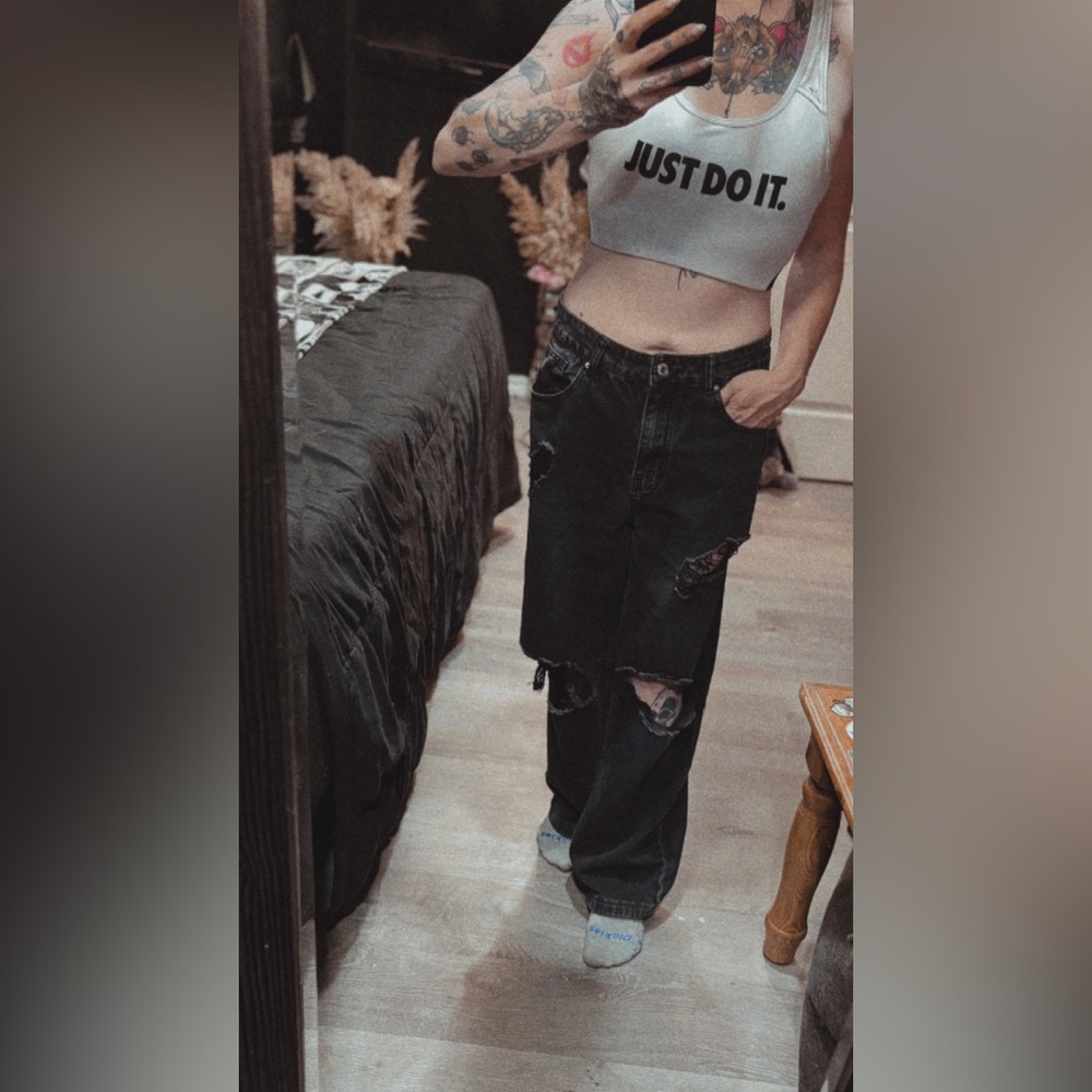 Adidas Black Boyfriend Jeans Distressed Relaxed Fit